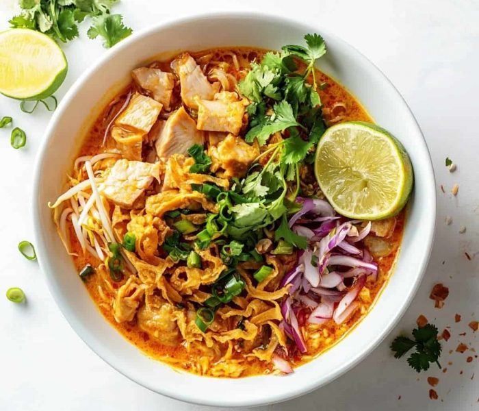 you are an expert food photographer for a thai food blog. make a photo of khao soi with a white background, using vibrant colors and an overhead shot --v 6.1 Job ID: 75b493d3-7dd2-4bd9-8542-368cdc837d9d